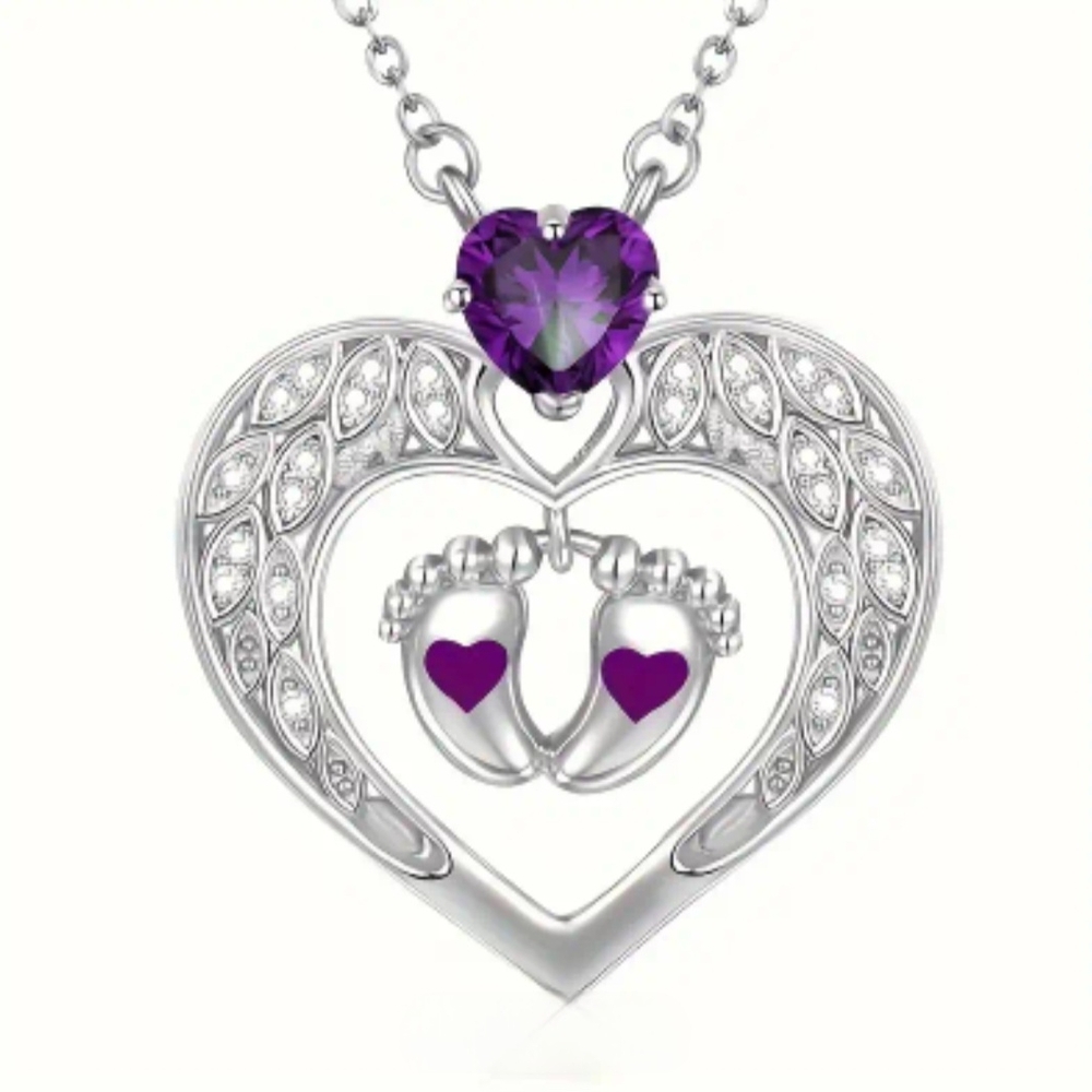 Silver Heart Pendant Necklace with Purple Accents